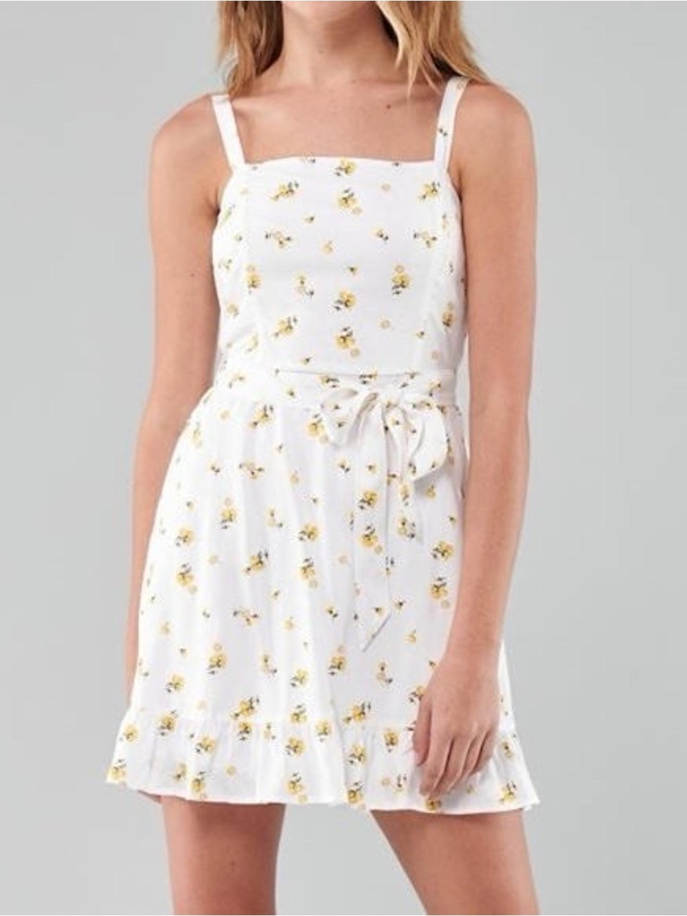 Hollister White With Dainty Yellow Flowers Belted Mini Dress